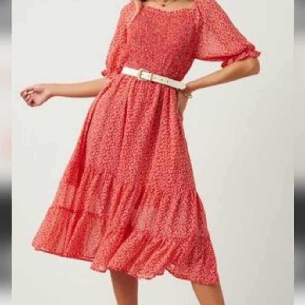 Hayden Los Angeles Dress Puff Sleeve Tiered Smocked Ditsy Floral Midi Cottage S